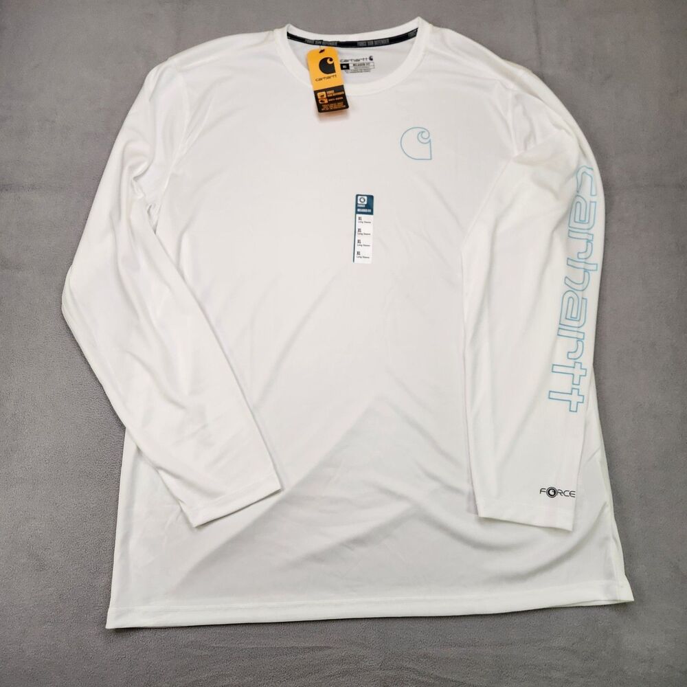 Carhartt Force Sun Defender Shirt Men's XL White Long Sleeve Logo Graphic UPF 50